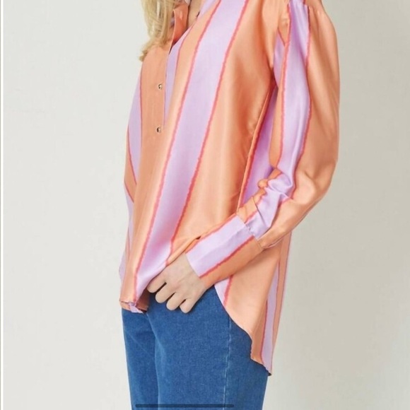 ENTRO Striped Long Sleeve Satin Like Button Down With Gold Buttons NWT - Picture 11 of 13